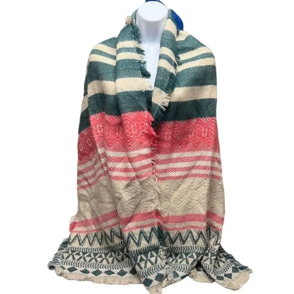 Women’s Colorful Stripe Knit Scarf Fringe Blanket Wrap Tie‎
